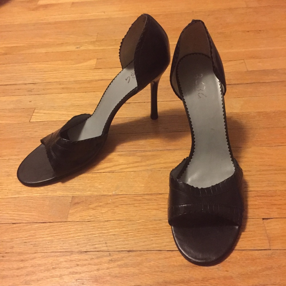 BCBG Paris black open toe stiletto heels